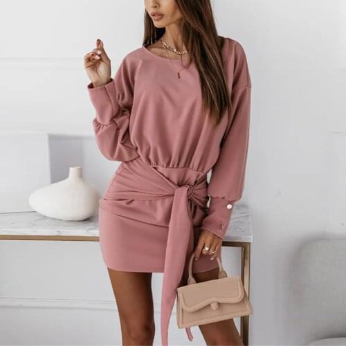 Bodycon Waist Tie Knot O Neck Dress Women Pink Elegant Mini Dress Autumn Office Lady Female Long Sleeve 2021 New Party Vestidos