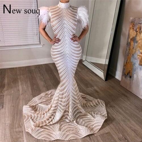 Feather White Evening Dress Arabic Party Gown 2019 Long Prom Dresses African Women Party Dress Robe De Soiree Dubai Kaftan New
