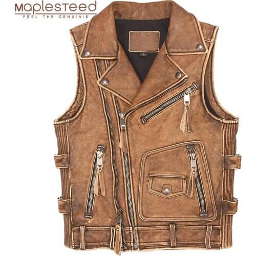 Vintage Brown Thick Motorcycle Vest 100% Genuine Cowhide Men Biker Leather Vest Moto Leather Waistcoat Sleeveless Jacket M462