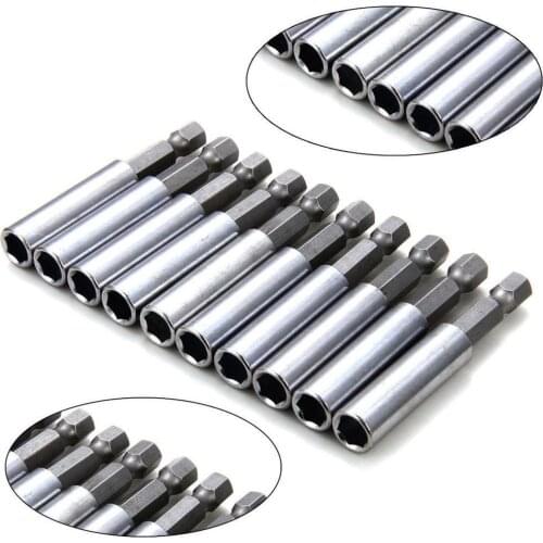10pcs/set 60mm Magnetic Screwdriver Extension Bit Tips Holder 1/4in Hexagon Shank Set Drill Bit Adapter Silver Color