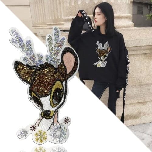 New Deer With Sequined Patches Fashion Applique lron on Patch for Clothes Bags DIY Decal Apparel Accessory 2pcs