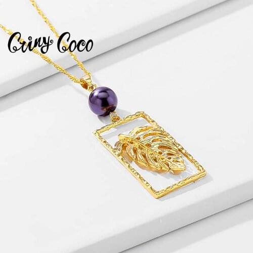 2020 Hawaii Style Cring Coco Dangle Necklace for Women Golden Color Leaf Luxury Drop Pendant Accessory Rectangular Long Chain