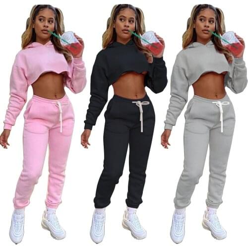 2020 Autumn Casual Plush Thick Fleece Tracksuit Women Jogger Drawstring Long Sleeve Crop Top High Waist Pants Two Piece Set