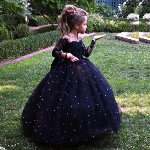 Black Pearls Ball Gown Flower Girls Dress Sheer Neck Long Sleeve Bow Tie Decoration Little Girls Communion Gown