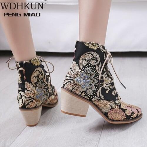 Retro Bohemian Women Boots Printed Ankle Vintage Motorcycle Booties Ladies Shoes Woman 2021New Embroider High Heels Boots