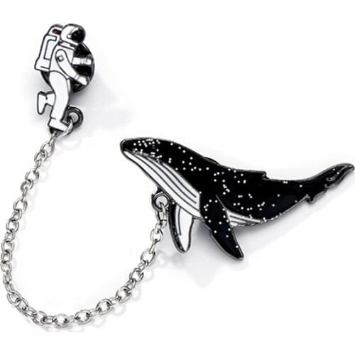 Universe Travel Astronaut and Whales Enamel Pin Cartoon Fish Brooch Out Space Label Pins Denim Jackets Brooches Badge Jewelry