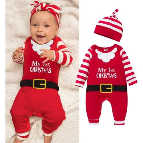 Baby My First Christmas Outfits Long Sleeves Jumpsuit Santa Claus Print XMAS Costume with Hat 2 PCS