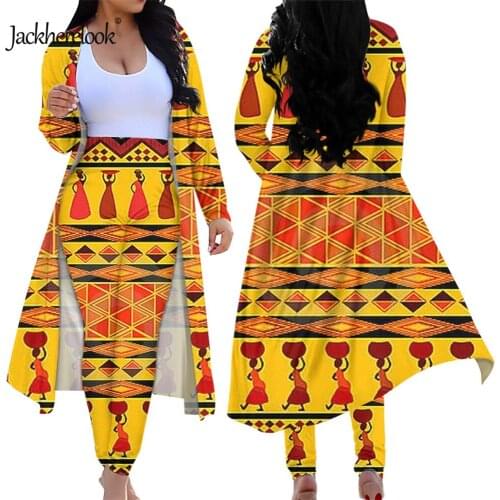 Jackherelook Elegant 2 Piece Outfit Spring Autumn Open Front Cardigan Vintage African Black Print High Waist Skinny Pants Suits