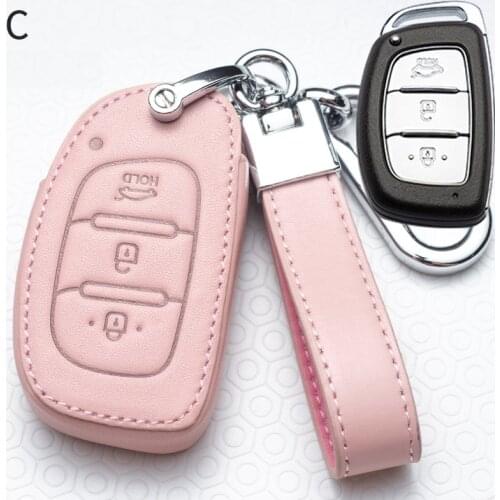 Leather Key Fob Shell Cover Case for Hyundai Creta I10 I20 Tucson Elantra Santa Fe 2016 2017 2018 Key Case Keychain