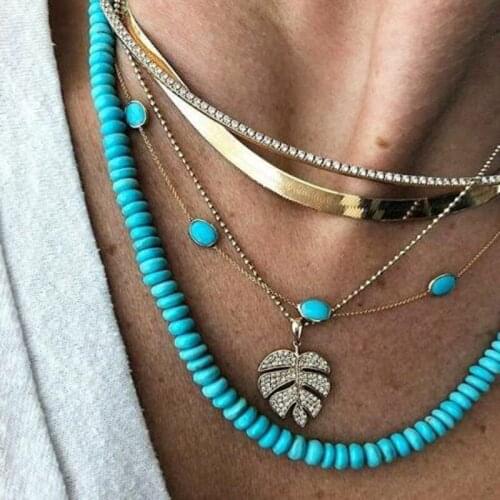 Trendy Multilayer Crystal Leaf Beads Pendant Necklace Women Snake Chain Stone Choker Necklaces Jewelry Lady Jewelry New Gifts
