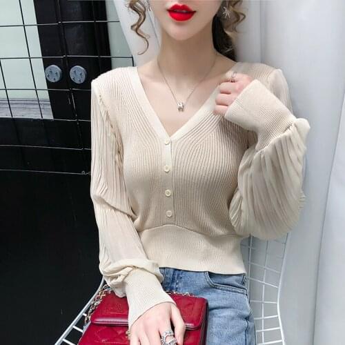 Fashion V Neck Sweater Women Chiffon Lantern Sleeve Patchwork Knitted Shirt Korean Pullover Cropped Tops Autumn Women Clothes