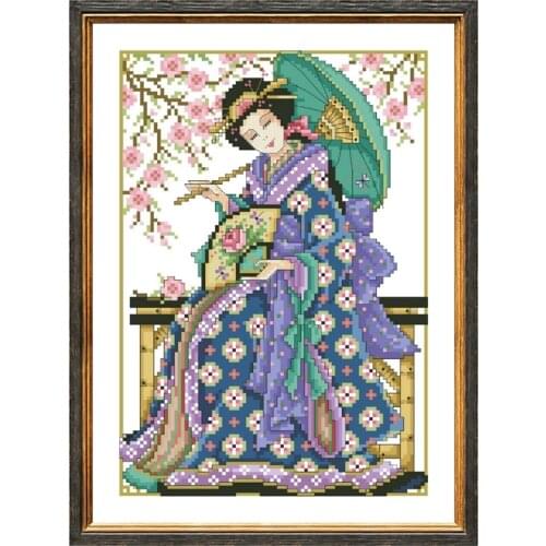 Japanese girl cross stitch kit 18ct 14ct 11ct unprint canvas cotton thread counted needlework thread embroidery set