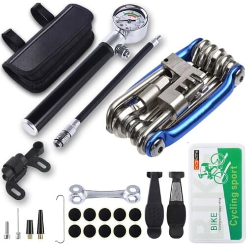 Bicycle Tyre Repair Tool Kit 210 Psi Mini Pump,11-in-1 Multi-Tool(with Chain Breaker),Tire Patch, Wrench,Portable Bag
