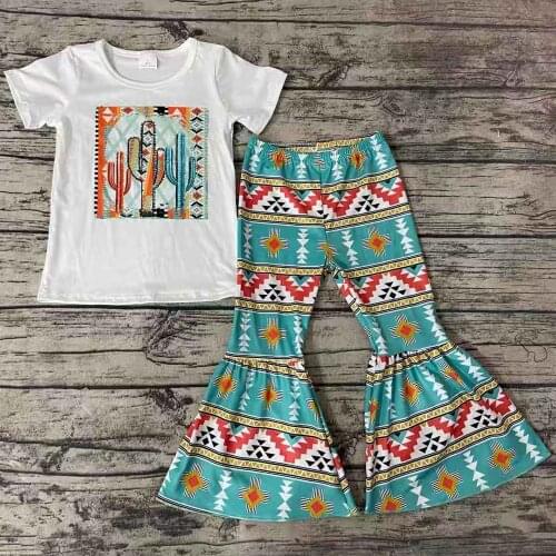 New Design Toddler Baby Girls Clothes Boutique Kids Clothing Bell Bottom Outfits Cactus Print Girls Clothing Wholesale Outfits