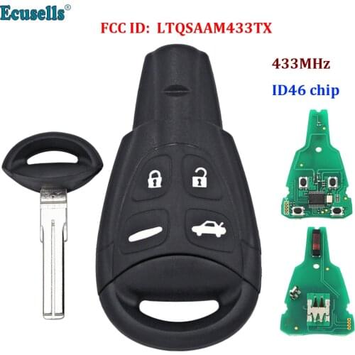 4 buttons Remote Key Fob Control Keyless Entry 433MHZ with ID46 PCF7946AT chip For Saab 93 95 9-3 LTQSAAM433TX with insert key