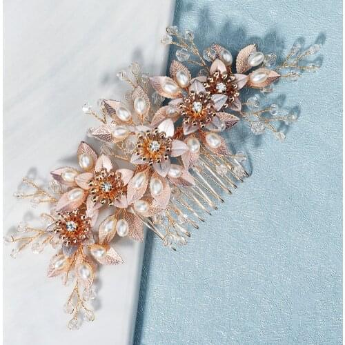Rose gold flower Hair Comb Pearl Flower insert Comb for Updo Bridal Wedding hair accessories
