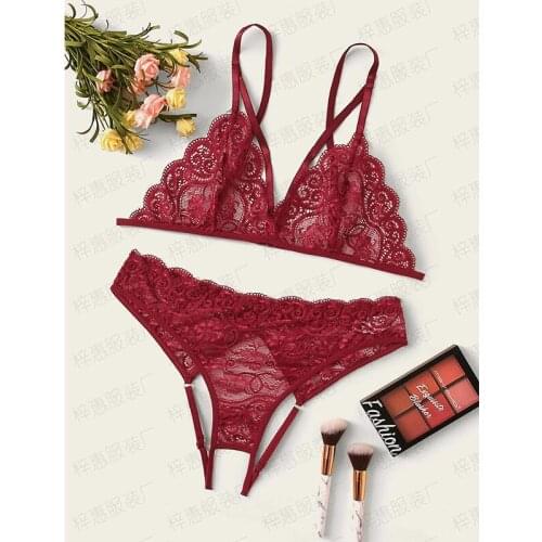 S-2XL New Women Plus Size Lace Lingerie Perspective See Though Bra Open Crotch Thong Bra Set Red Sexy Lingerie Set for Sex Night