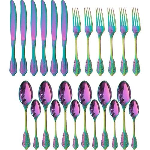 Dinnerware 24Pcs Colorful 18/10 Stainless Steel Cutlery Set Fork Knife Spoon Tableware Vintage Set Kitchen Dinner Royal Set