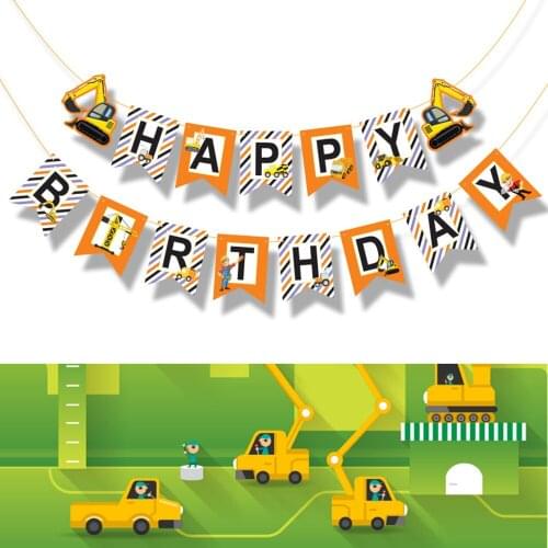 Construction Car Truck Excavator Warning Sign HAPPY BIRTHDAY Hanging Paper Banners Kids Baby Shower Party Decorations Supplies