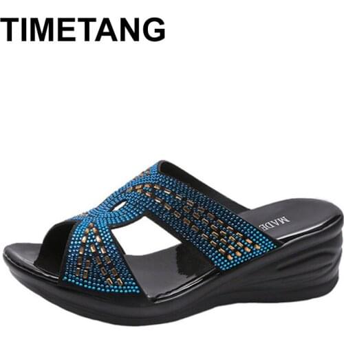 TIMETANG Slipper Woman Summer Mom Shoes Crystal Korean Style Hollow A-Line Slanted Heel Semi-High Heel Fish Mouth Plus Size