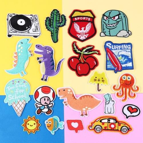 Funny Cartoon Patch Iron On Embroidery Patches For Clothing Shark Dinosaur Stripe Applique Badge On Clothes Fabric Accessories