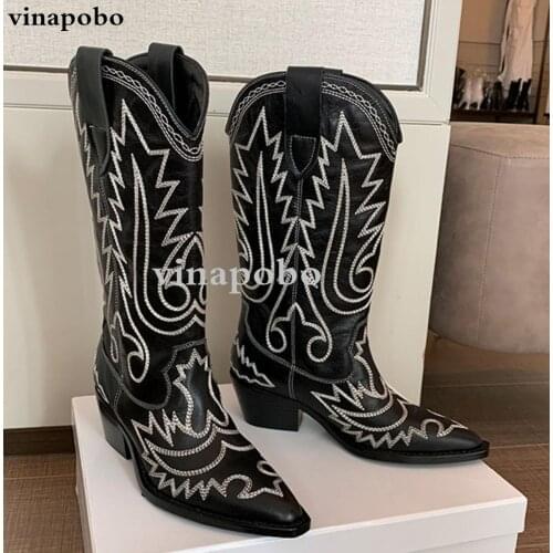 Embroidery Botas Mujer Genuine Leather Cowboy Ankle Boots For Women Wedge High Heel Boots Snake Print Western Cowgirl Boots 2020