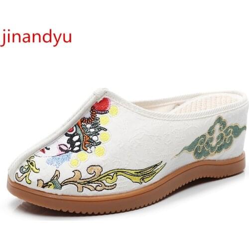 Embroidery Hua Mulan Canvas Slipper Wedges High Heels Women Casuales Fashion Sandals Slides Women Red White Heels Woman Slippers