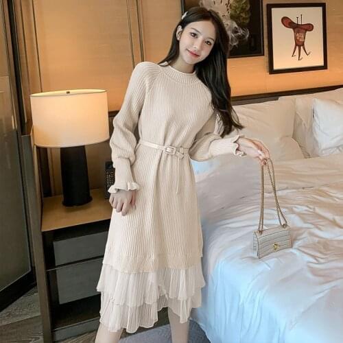 2021 ladies autumn and winter fashion new temperament pure color dress waist knitted long-sleeved sweater dress women