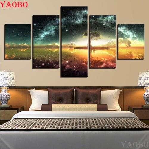 5D DIY Diamond Painting "Green Trees In Lake" Galaxy Starry Sky Diamond Painting Cross Stitch 5pcs/set Needlework Mosaic Decor