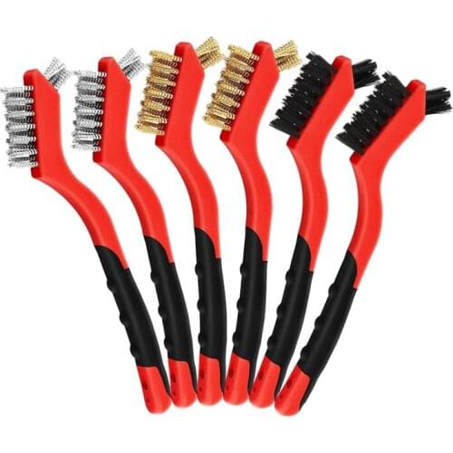 6Pcs Mini Wire Cleaning Brush Brass Stainless Steel and Nylon Heavy Duty Crimped Scratch Brush for Cleaning Welding Slag