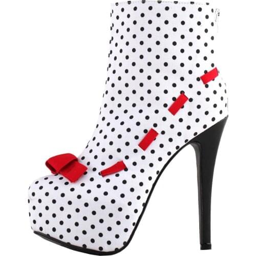 LF80881 White Black Spot Polka Dots Bow Platform Stiletto High Heel Ankle Bootie Boots