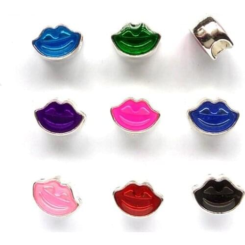 Free shipping 50pcs/lot silver plated alloy colorful plated big hole lip shape beads fit European bracelet Jewelry DIY