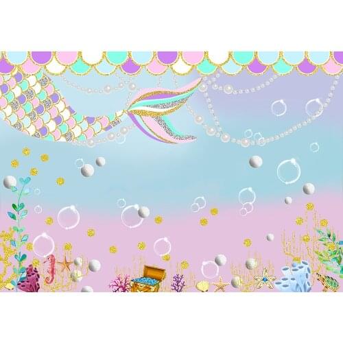 Mermaid Themed Girl Princess Backdrop Birthday Party Banner Gradient Glittering Tail Scales Photo Background Table Wall Poster