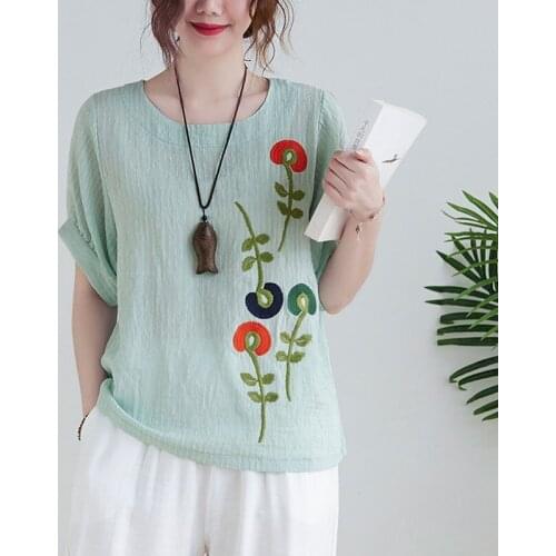 Women Cotton Linen Casual T-shirts New Arival 2021 Summer Vintage Style O-neck Floral Embroidery Loose Female Tops Tees S3586