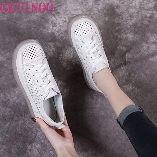 GKTINOO 2021 Genuine Leather Shoes Hollow Out Women Ballet Flats Summer Womens Solid Soft bottom Shoes Woman Slip On Loafers