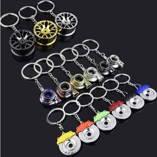 Creative Car Modified Keychains Auto Turbine Turbocharger Mini Car Wheel Engine Piston Model Alloy KeyChain Brake Discs Keyring