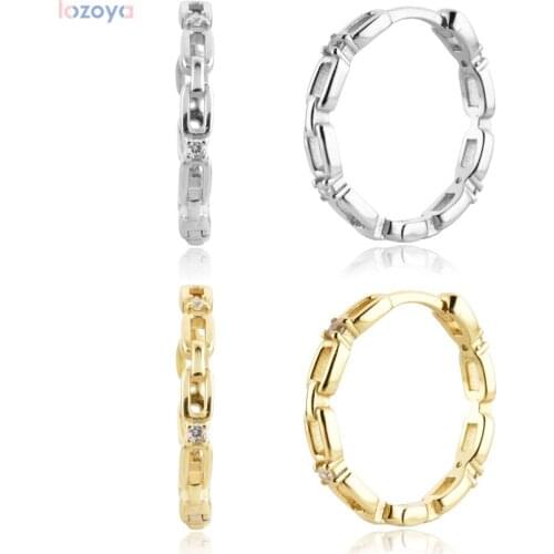 Lozoya 925 Sterling Silver Luxury Clips Jewelry Gold 14mm Horoscope Zircon Luxury Piercing Hoops Rock Punk Thin Square Fine
