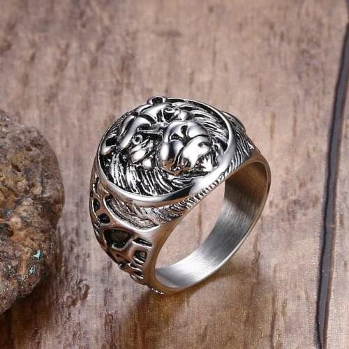 Rock Punk Mens Rings Vintage Stainless Steel Lion Head Rings in Silver Color Metal Gothic Biker Men Jewelry Aneis Anillos