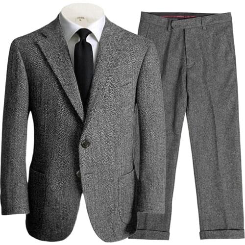 Mens 2 Pieces Suit Custom made Wool Herringbone Wedding Groomsmen Fashion Shawl Lapel Tuxedos Slim Fit Blazer+Pants