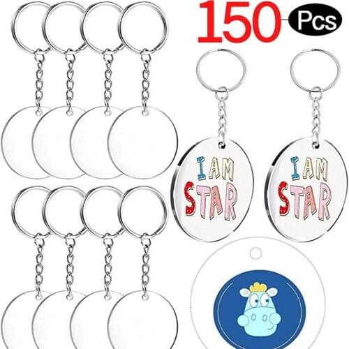 150 Pcs 2 Inches Acrylic Transparent Discs and Key Chains Set, Clear Blank Acrylic Discs Round Keychain for DIY Projects