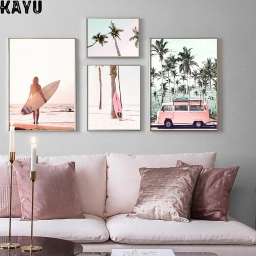 Pink Beach Flamingo Palm Tree Surfboard Wall Art Canvas Painting Nordic Posters And Prints Wall Pictures For Living Room Decor