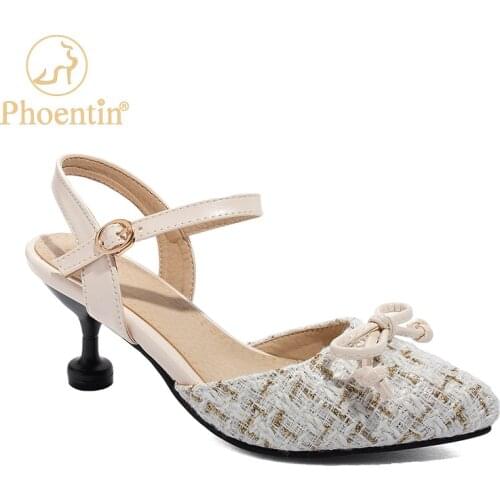 Phoentin 2020 new elegant sandals beige color butterfly knot pointy shoes buckle strap round heels female black plus size FT950