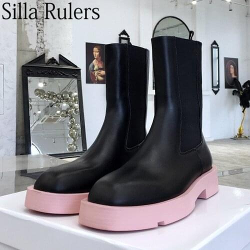 New Pink Thick Sole Chelsea Boots Women Genuine Leather Round Toe Ankle Boots Woman Casual Motorcycle Boots Mujer Martins Boots