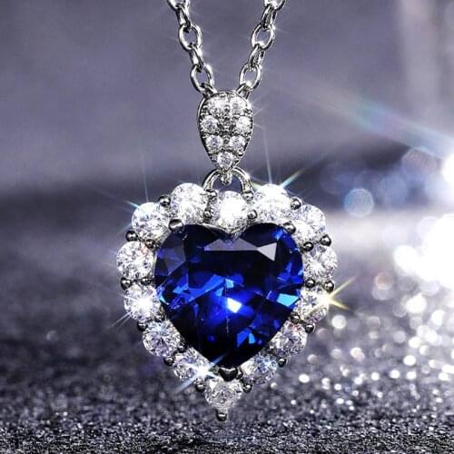 New Necklace Zircon Inlaid Royal Blue Love Heart-Shaped Necklace For Women Fashion OL Temperament Engagement Pendant Wholesale