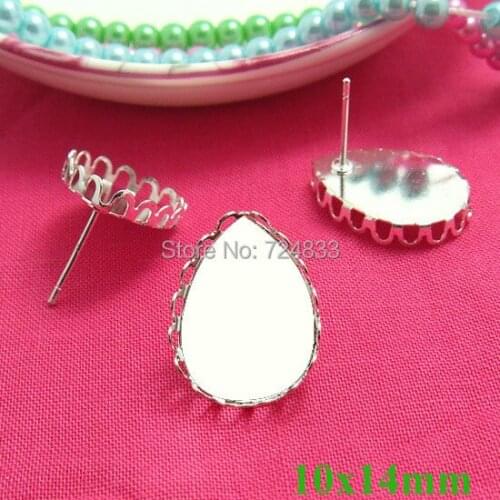 Blank Earrings Base 10x14mm teardrop Lace Bezel Tray Cabochon Brass Stud Earrings Post Settings Findings Silver tone Wholesale