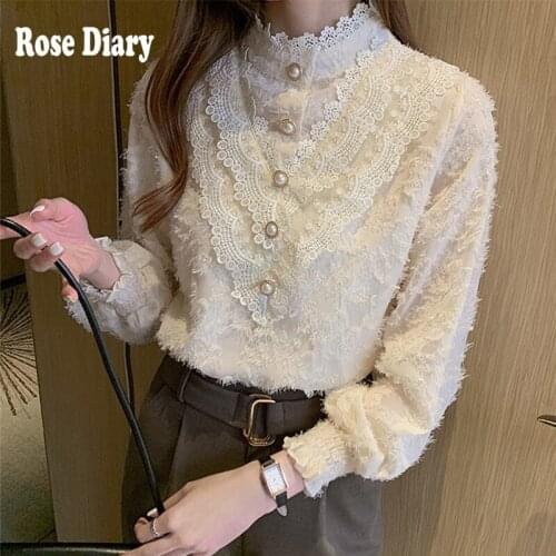 RoseDiary Elegant Solid Color Long Sleeve Pearl buttons Shirt for Women Spring Autumn Sweet Beaded Tassel Layered Blouse Top