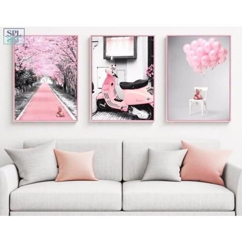 SPLSPL Romantic Cute Pink Electric Car Balloon Wedding Decoration Wall Picture Canvas A4 Art Print Painting for Bedroom No Frame