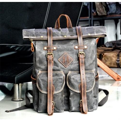 Vintage Waxed Canvas Mountaineering Backpack Outdoor Multifunctional Rucksack Trekking Roll Top Backapcks