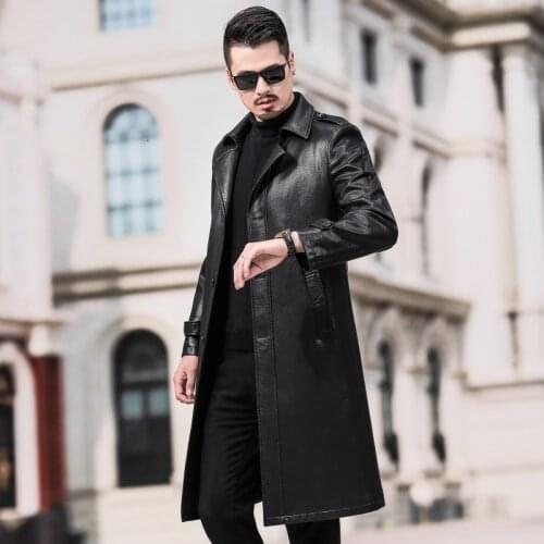 High Quality PU Leather Mens Fake Fur Liner Trench Coats Winter New Fashion Medium Length Thick Warm Coats Plus Size Streetwear