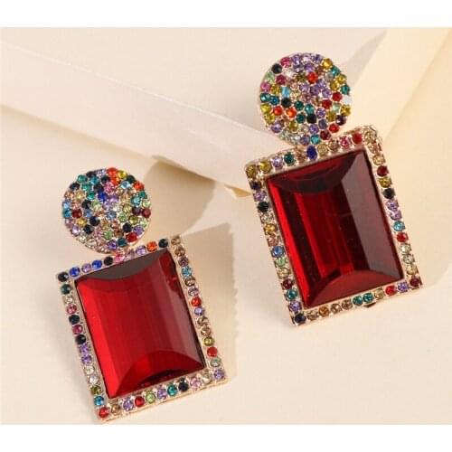 JURAN Colorful Square Rhinestone Statement Earring Women Trendy Luxury Geometric Rainbow Earring Fashion Jewelry
